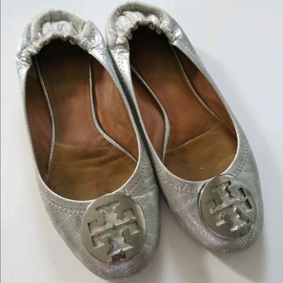 Tory Burch Shoes - Tory Burch Silver Metallic Ballet Flats Emblem 8